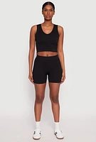 Womens Seamless V Neck Crop Top and Biker Shorts, Black, Size M