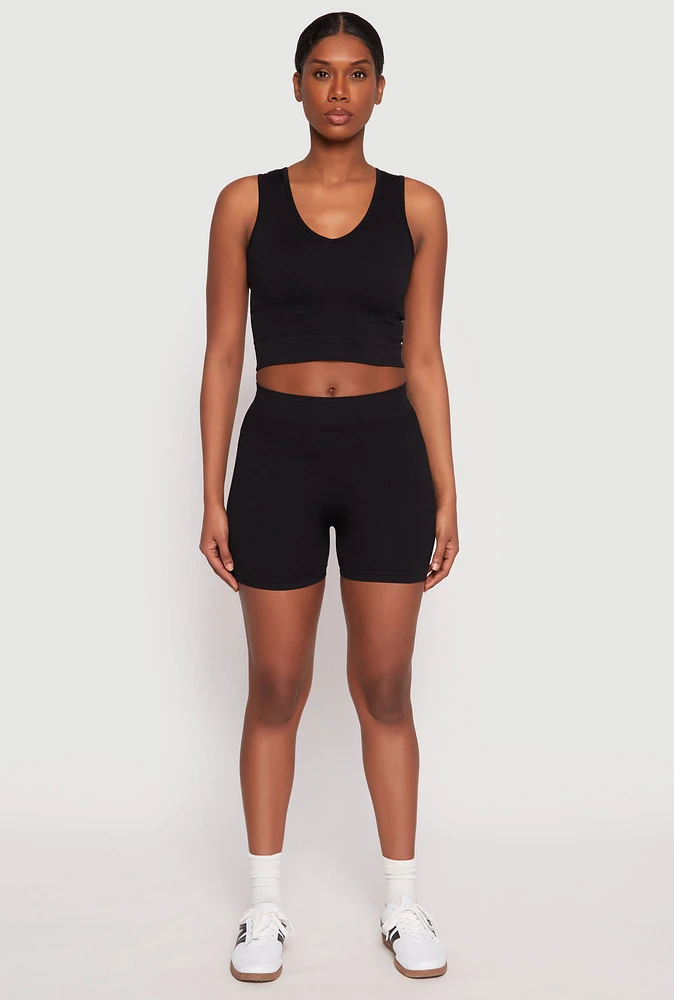 Womens Seamless V Neck Crop Top and Biker Shorts, Black,