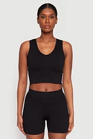 Womens Seamless V Neck Crop Top and Biker Shorts, Black, Size S