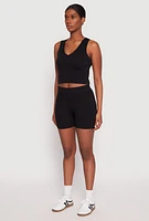 Womens Seamless V Neck Crop Top and Biker Shorts, Black, Size S