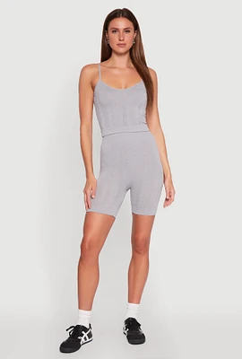 Womens Seamless Textured Knit Cropped Cami and Bike Shorts, Grey, Size L