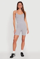 Womens Seamless Textured Knit Cropped Cami and Bike Shorts, Grey, Size L