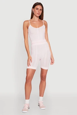 Womens Seamless Textured Knit Cropped Cami and Bike Shorts, Pink,