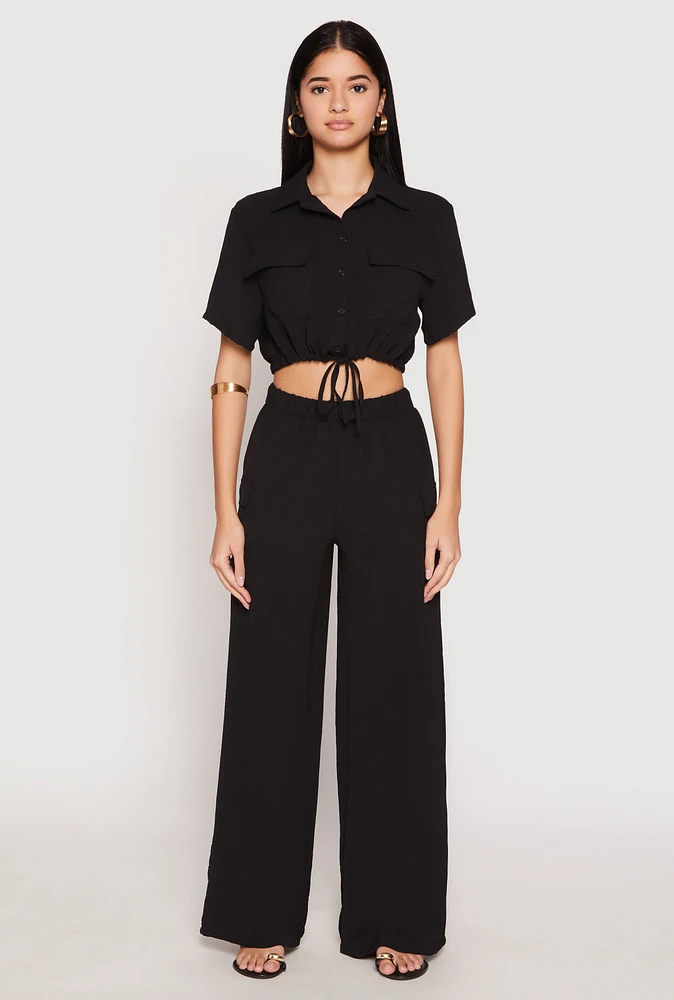 Womens Crepe Knit Button Front Cropped Shirt and Wide Leg Pants,