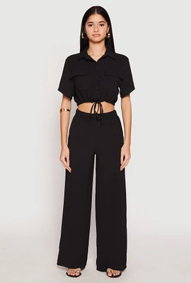 Womens Crepe Knit Button Front Cropped Shirt and Wide Leg Pants,