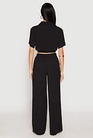 Womens Crepe Knit Button Front Cropped Shirt and Wide Leg Pants,