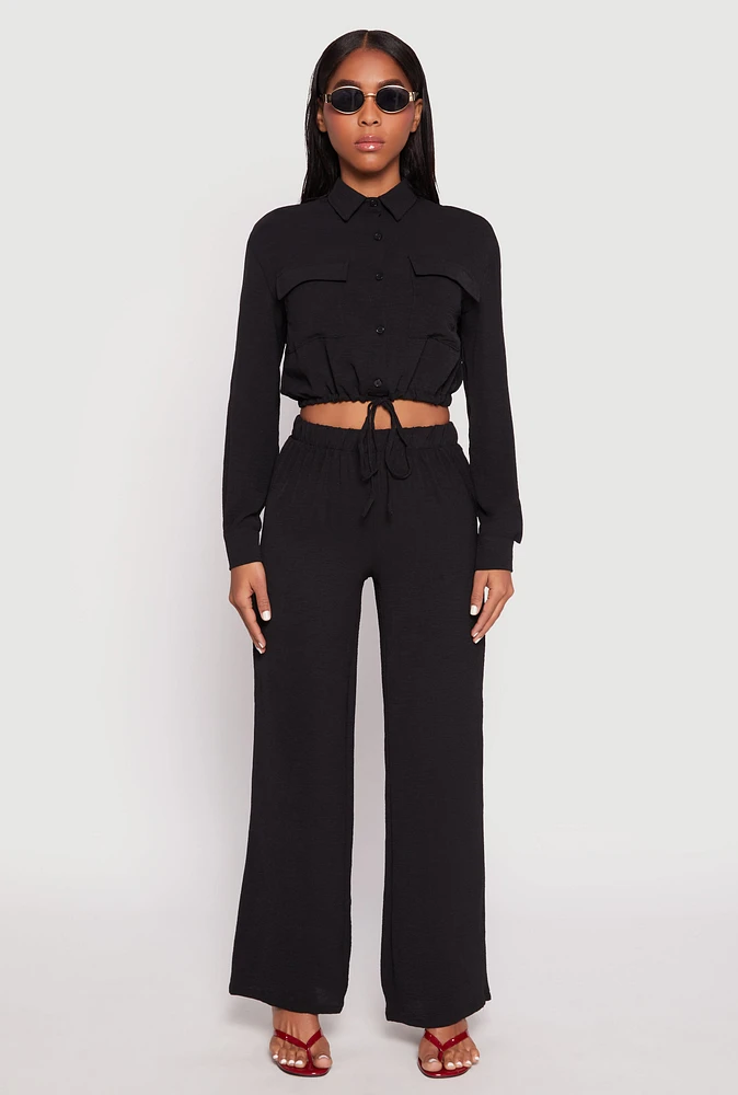 Womens Crepe Knit Drawstring Crop Top and Wide Leg Pants,