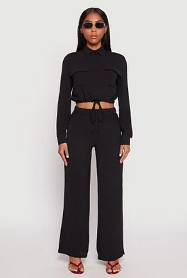 Womens Crepe Knit Drawstring Crop Top and Wide Leg Pants,