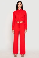 Womens Crepe Knit Drawstring Crop Top and Wide Leg Pants, Red, Size XL