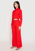 Womens Crepe Knit Drawstring Crop Top and Wide Leg Pants, Red, Size M