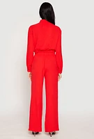 Womens Crepe Knit Drawstring Crop Top and Wide Leg Pants, Red, Size M