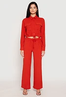 Womens Crepe Knit Drawstring Crop Top and Wide Leg Pants, Red,