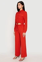 Womens Crepe Knit Drawstring Crop Top and Wide Leg Pants, Red,