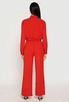 Womens Crepe Knit Drawstring Crop Top and Wide Leg Pants, Red,