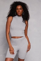 Womens Rib Knit Mock Neck Tank Top and Biker Shorts, Grey, Size L