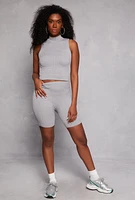 Womens Rib Knit Mock Neck Tank Top and Biker Shorts, Grey, Size L