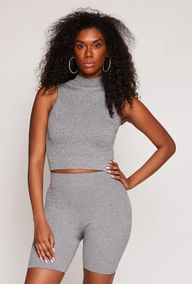 Womens Rib Knit Mock Neck Tank Top and Biker Shorts,