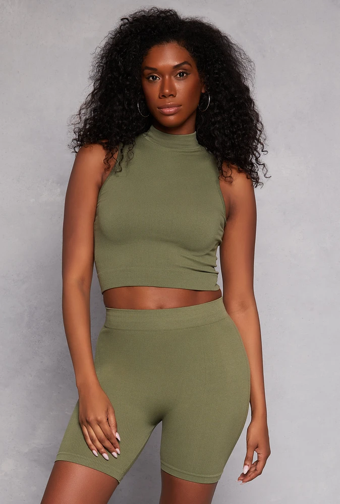 Womens Rib Knit Mock Neck Tank Top and Biker Shorts,