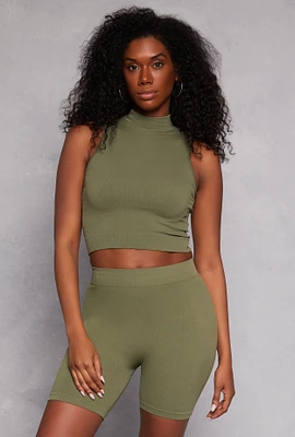 Womens Rib Knit Mock Neck Tank Top and Biker Shorts,