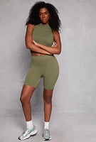 Womens Rib Knit Mock Neck Tank Top and Biker Shorts,