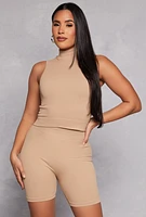 Womens Rib Knit Mock Neck Tank Top and Biker Shorts,