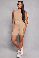 Womens Rib Knit Mock Neck Tank Top and Biker Shorts,