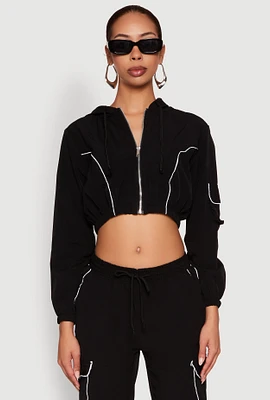 Womens Reflective Trim Cropped Windbreaker, Black, Size XL