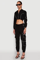 Womens Reflective Trim Cropped Windbreaker, Black, Size XL