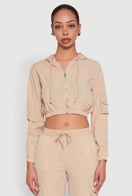 Womens Reflective Trim Cropped Windbreaker, Beige, Size XL