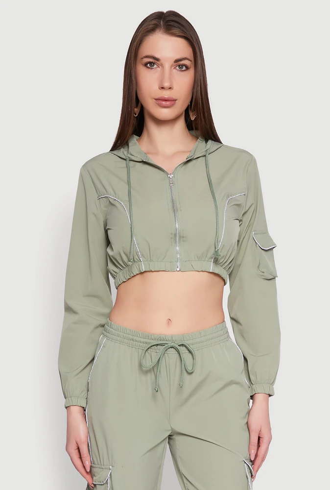 Womens Reflective Trim Cropped Windbreaker, Green, Size L