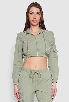 Womens Reflective Trim Cropped Windbreaker, Green, Size L