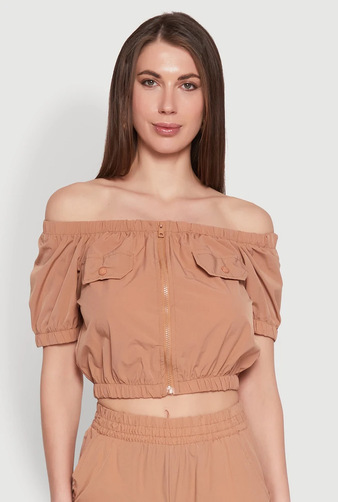 Womens Zip Front Bubble Sleeve Crop Top,