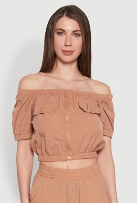 Womens Zip Front Bubble Sleeve Crop Top,
