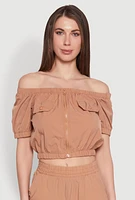 Womens Zip Front Bubble Sleeve Crop Top,