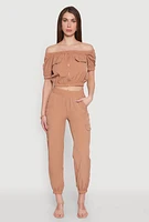 Womens Zip Front Bubble Sleeve Crop Top,