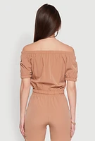 Womens Zip Front Bubble Sleeve Crop Top,