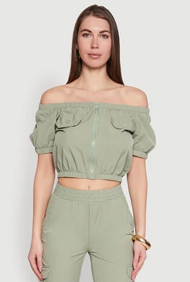 Womens Zip Front Bubble Sleeve Crop Top, Green, Size M