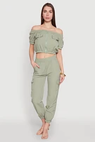 Womens Zip Front Bubble Sleeve Crop Top, Green, Size M