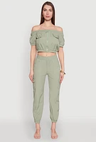 Womens Zip Front Bubble Sleeve Crop Top, Green, Size M