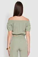 Womens Zip Front Bubble Sleeve Crop Top, Green, Size M