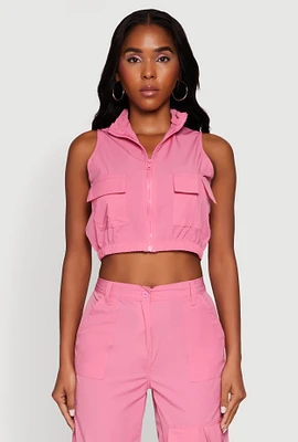 Womens Cargo Pocket Zip Front Windbreaker Vest,