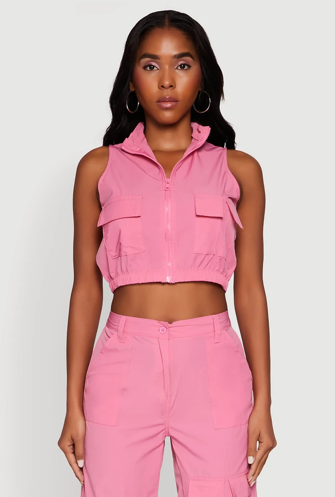 Womens Cargo Pocket Zip Front Windbreaker Vest, Pink, Size XL