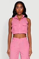 Womens Cargo Pocket Zip Front Windbreaker Vest, Pink, Size XL