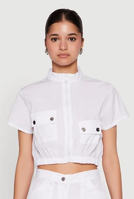Womens Mock Neck Cargo Pocket Crop Top, White,