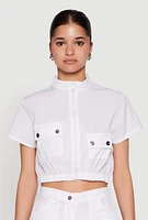 Womens Mock Neck Cargo Pocket Crop Top, White,