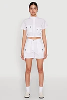 Womens Mock Neck Cargo Pocket Crop Top, White,