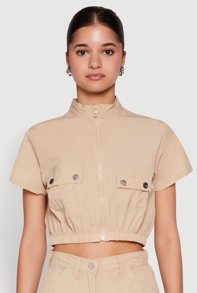 Womens Mock Neck Cargo Pocket Crop Top,