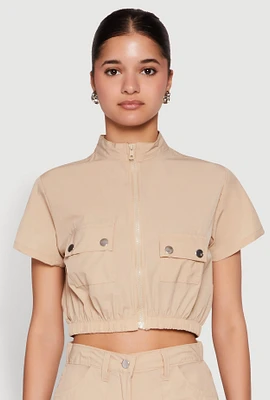 Womens Mock Neck Cargo Pocket Crop Top,