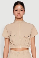 Womens Mock Neck Cargo Pocket Crop Top,