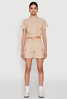Womens Mock Neck Cargo Pocket Crop Top,